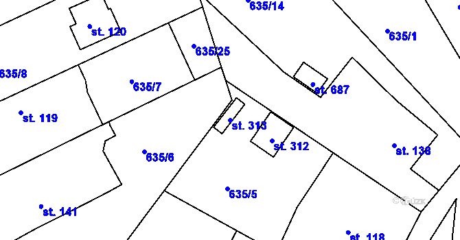 Parcela st. 313 v KÚ Hradiště u Písku, Katastrální mapa
