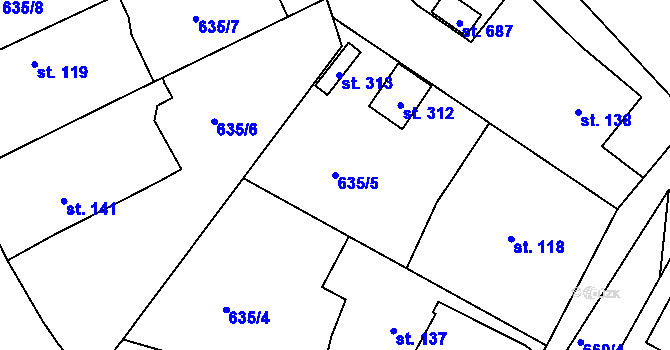 Parcela st. 635/5 v KÚ Hradiště u Písku, Katastrální mapa