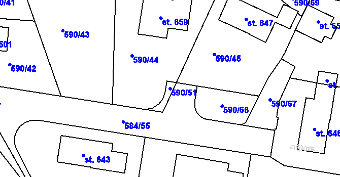 Parcela st. 590/51 v KÚ Hradiště u Písku, Katastrální mapa