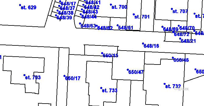 Parcela st. 650/15 v KÚ Hradiště u Písku, Katastrální mapa