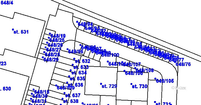 Parcela st. 648/100 v KÚ Hradiště u Písku, Katastrální mapa