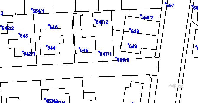Parcela st. 647/1 v KÚ Písnice, Katastrální mapa