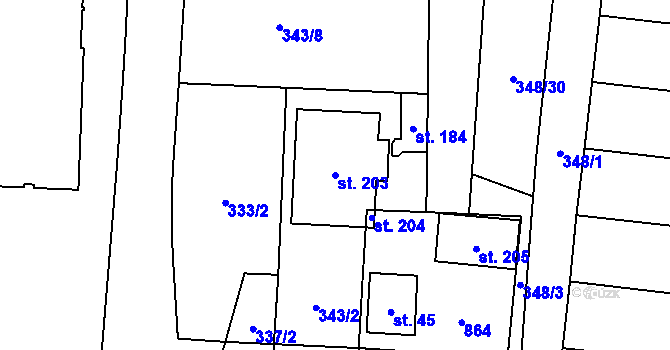 Parcela st. 203 v KÚ Pištín, Katastrální mapa