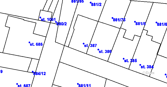 Parcela st. 387 v KÚ Plácky, Katastrální mapa