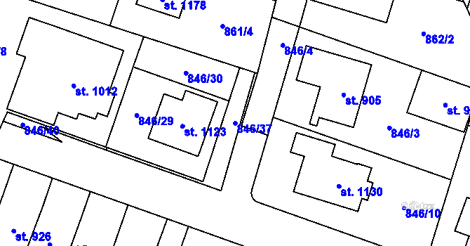 Parcela st. 846/37 v KÚ Plácky, Katastrální mapa