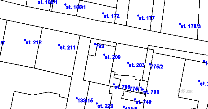 Parcela st. 209 v KÚ Plaňany, Katastrální mapa