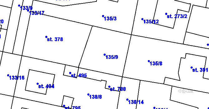 Parcela st. 135/9 v KÚ Plaňany, Katastrální mapa