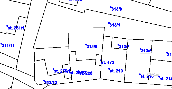 Parcela st. 313/8 v KÚ Plaňany, Katastrální mapa
