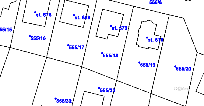 Parcela st. 555/18 v KÚ Plaňany, Katastrální mapa