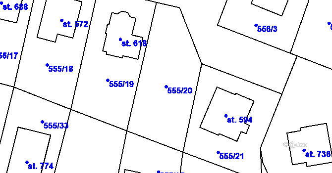 Parcela st. 555/20 v KÚ Plaňany, Katastrální mapa