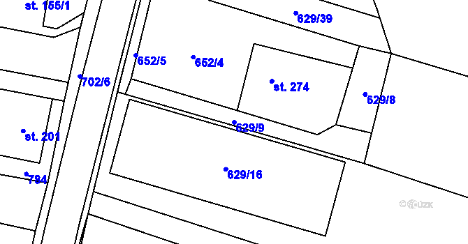 Parcela st. 629/9 v KÚ Plaňany, Katastrální mapa