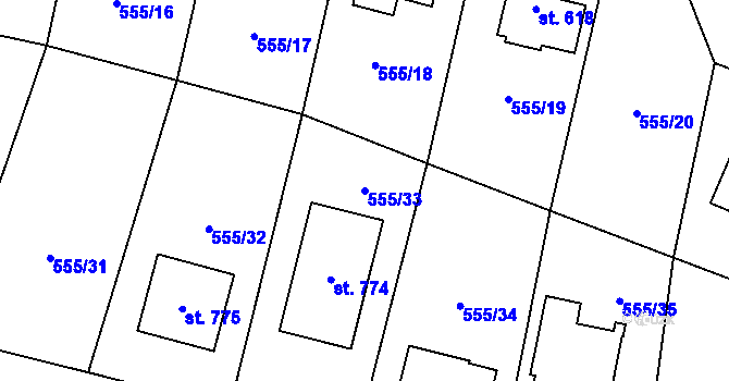 Parcela st. 555/33 v KÚ Plaňany, Katastrální mapa