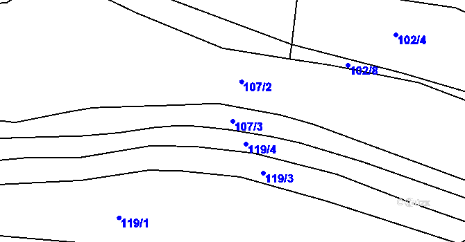 Parcela st. 107/3 v KÚ Žabonosy, Katastrální mapa