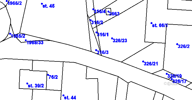 Parcela st. 316/3 v KÚ Pláně u Plas, Katastrální mapa