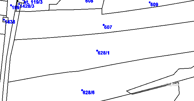 Parcela st. 628/1 v KÚ Vrážné nad Střelou, Katastrální mapa