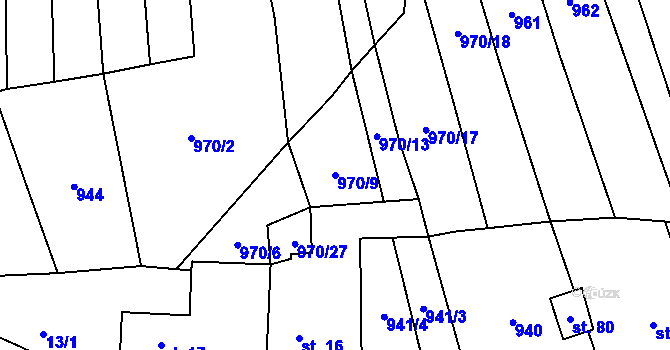 Parcela st. 970/9 v KÚ Vrážné nad Střelou, Katastrální mapa