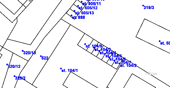 Parcela st. 104/9 v KÚ Plasy, Katastrální mapa