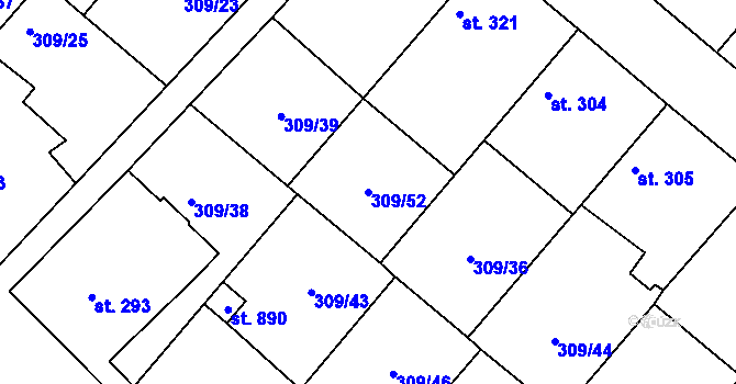 Parcela st. 309/52 v KÚ Plasy, Katastrální mapa