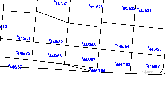 Parcela st. 445/53 v KÚ Plasy, Katastrální mapa