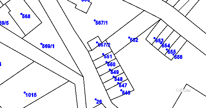 Parcela st. 551 v KÚ Haratice, Katastrální mapa