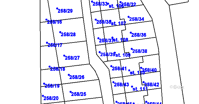 Parcela st. 258/39 v KÚ Plazy, Katastrální mapa