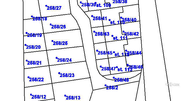 Parcela st. 258/45 v KÚ Plazy, Katastrální mapa