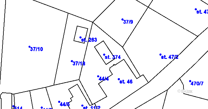 Parcela st. 374 v KÚ Plazy, Katastrální mapa