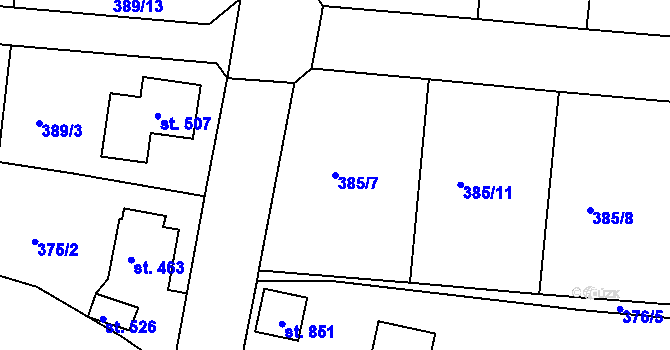 Parcela st. 385/7 v KÚ Plesná, Katastrální mapa