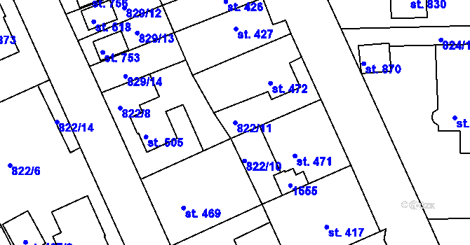 Parcela st. 822/11 v KÚ Plesná, Katastrální mapa