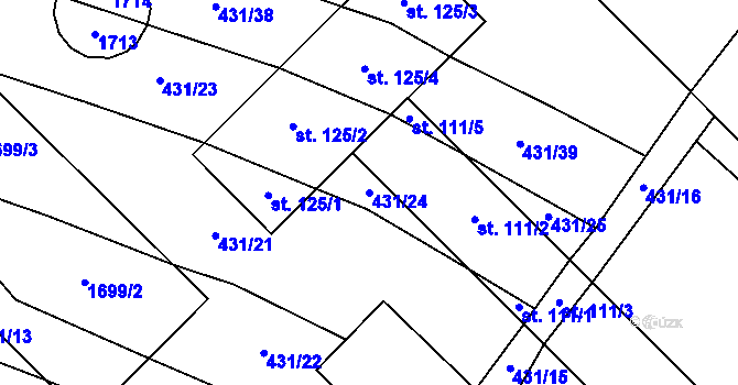 Parcela st. 431/24 v KÚ Pleše, Katastrální mapa