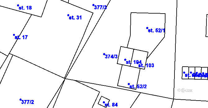 Parcela st. 374/3 v KÚ Záhoří, Katastrální mapa