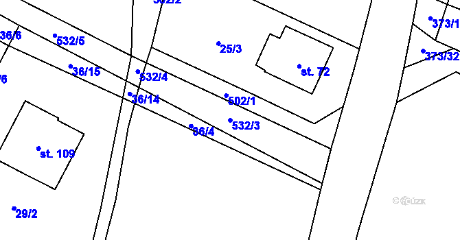 Parcela st. 532/3 v KÚ Záhoří, Katastrální mapa
