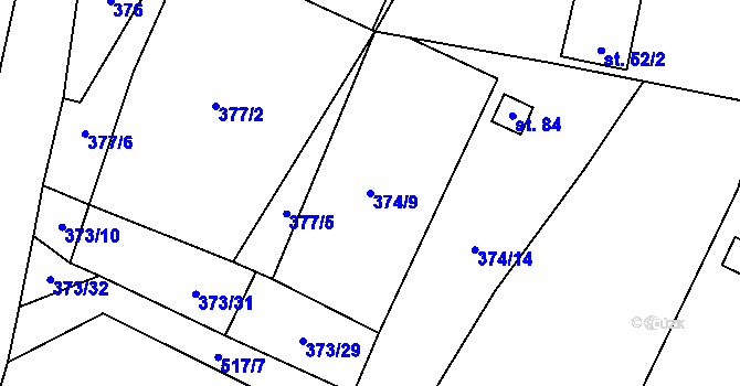 Parcela st. 374/9 v KÚ Záhoří, Katastrální mapa