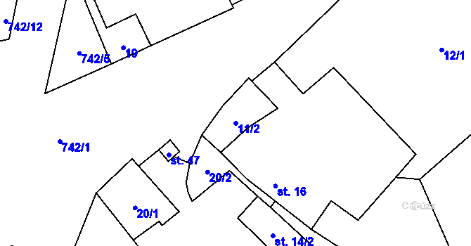 Parcela st. 11/2 v KÚ Mostečný, Katastrální mapa