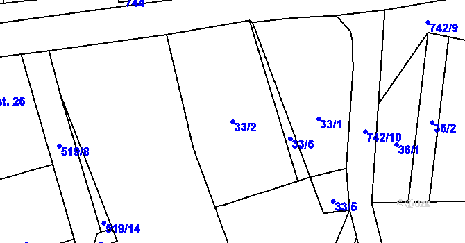 Parcela st. 33/2 v KÚ Mostečný, Katastrální mapa