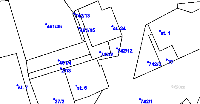 Parcela st. 742/2 v KÚ Mostečný, Katastrální mapa