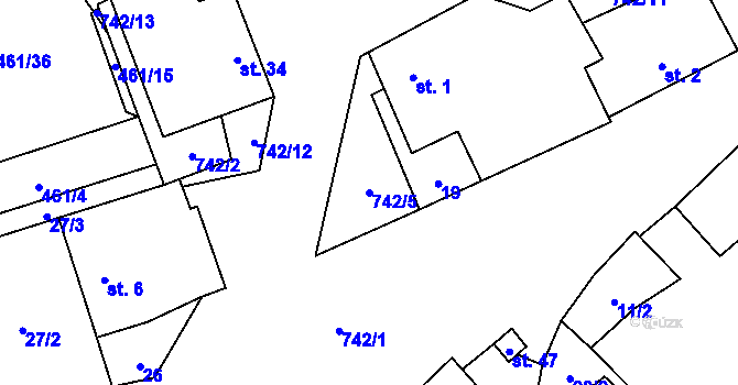 Parcela st. 742/5 v KÚ Mostečný, Katastrální mapa