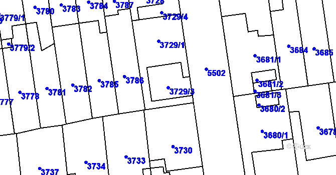Parcela st. 3729/3 v KÚ Plzeň, Katastrální mapa