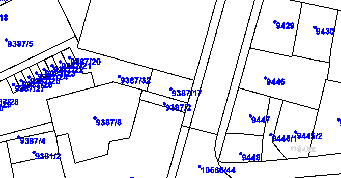 Parcela st. 9387/17 v KÚ Plzeň, Katastrální mapa