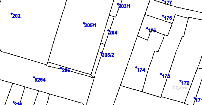 Parcela st. 205/2 v KÚ Plzeň, Katastrální mapa