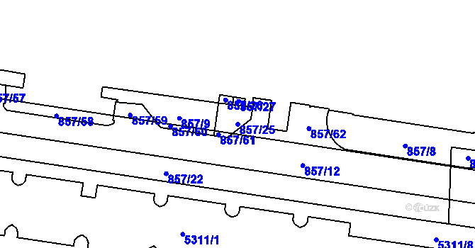 Parcela st. 857/25 v KÚ Plzeň, Katastrální mapa