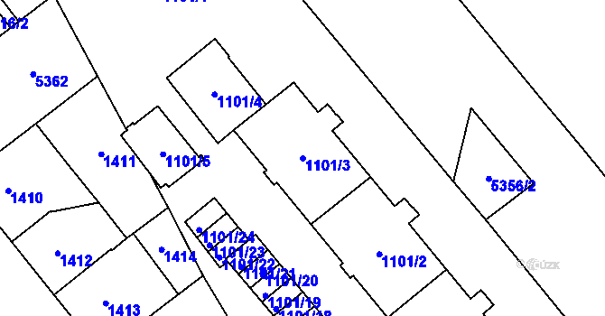 Parcela st. 1101/3 v KÚ Plzeň, Katastrální mapa