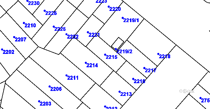 Parcela st. 2215 v KÚ Plzeň, Katastrální mapa