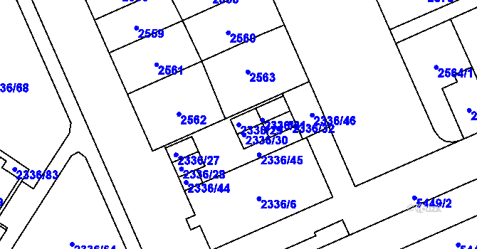 Parcela st. 2336/29 v KÚ Plzeň, Katastrální mapa