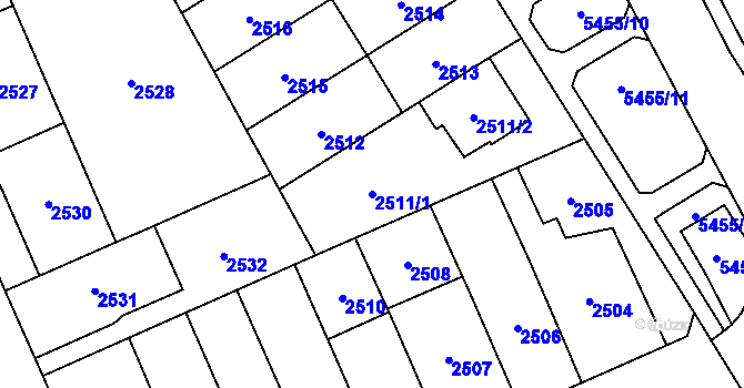 Parcela st. 2511/1 v KÚ Plzeň, Katastrální mapa
