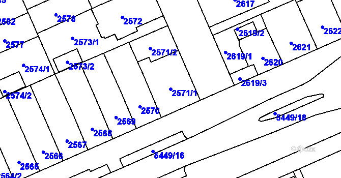 Parcela st. 2571/1 v KÚ Plzeň, Katastrální mapa