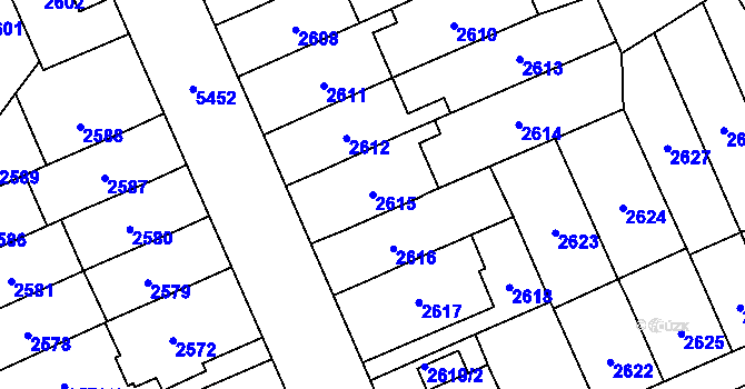 Parcela st. 2615 v KÚ Plzeň, Katastrální mapa