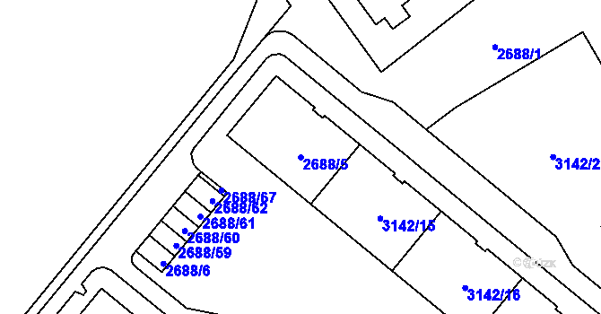 Parcela st. 2688/5 v KÚ Plzeň, Katastrální mapa