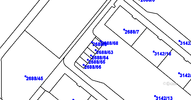 Parcela st. 2688/63 v KÚ Plzeň, Katastrální mapa