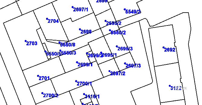 Parcela st. 2695/1 v KÚ Plzeň, Katastrální mapa